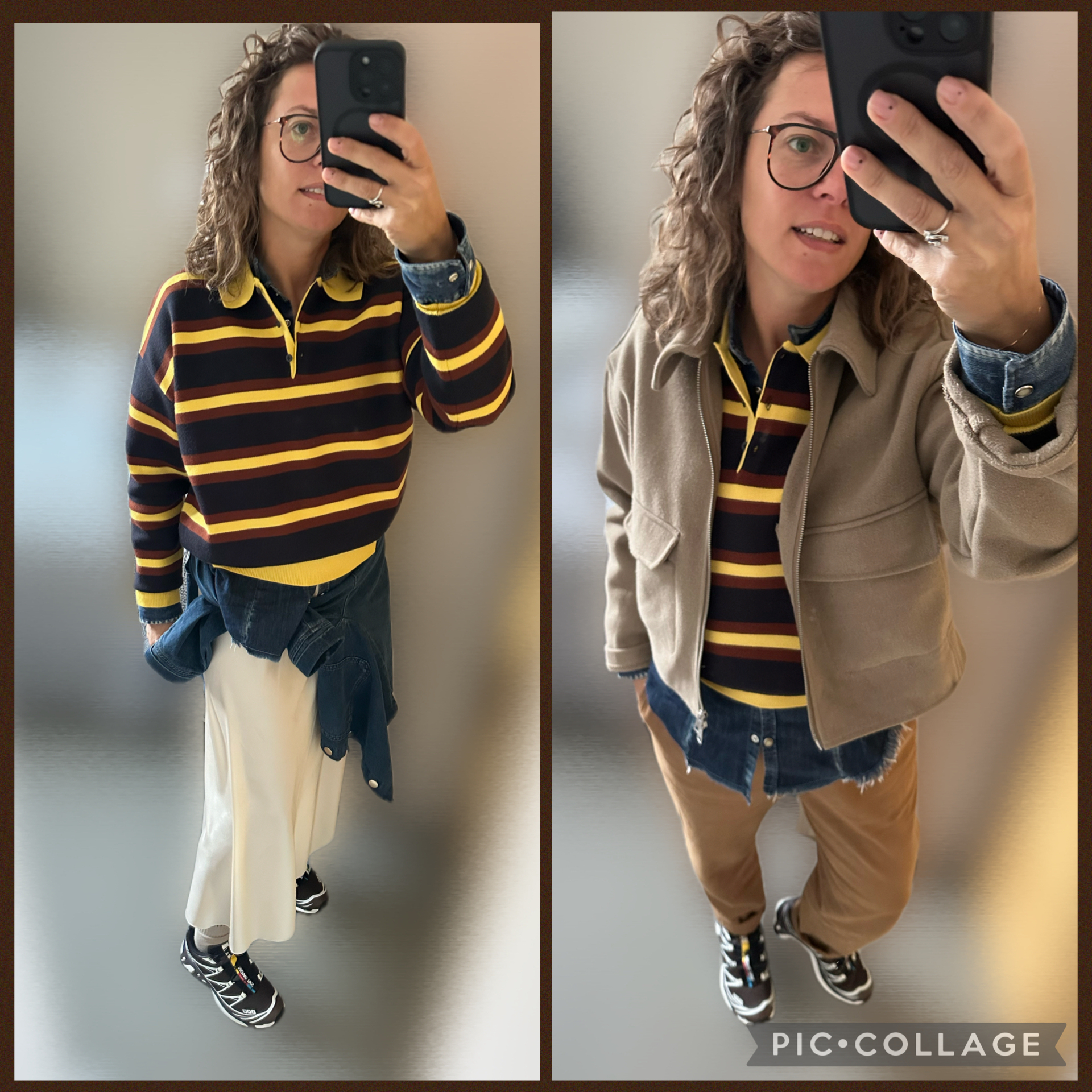 Outfit in toni del marrone e giallo: casual e sportiva.